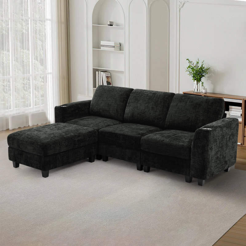 87" Chenille Convertible Sofa With Built-In Cup Holders, L-Shape Sectional Couch With Removable Ottoman For Living Room, Apartment