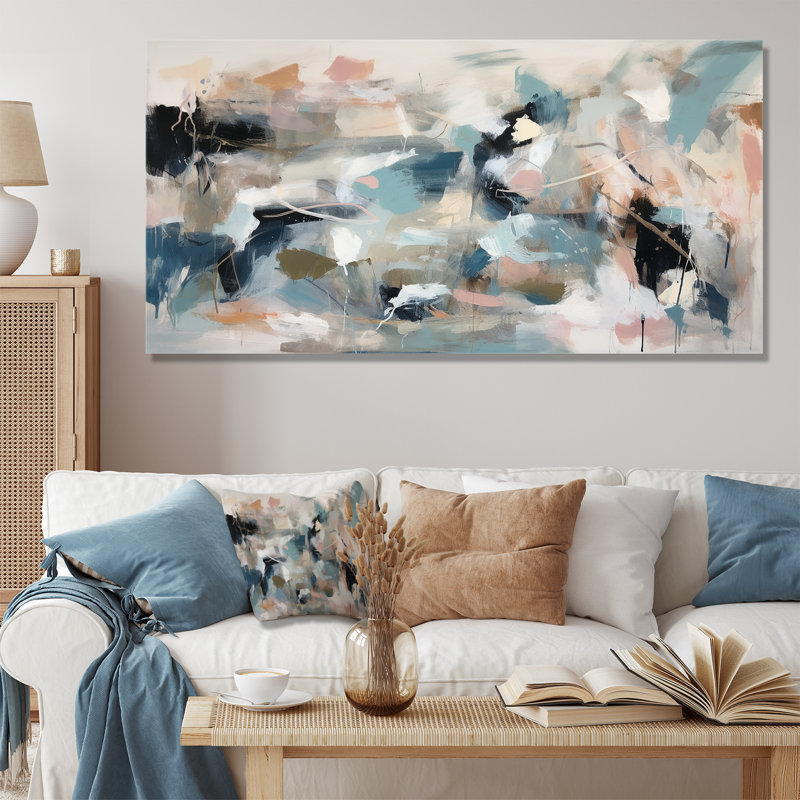 «Grey and Blue Vivid Waves», art mural abstrait, Toile tendue, H 28 po x l 60 po x P 1,5 po