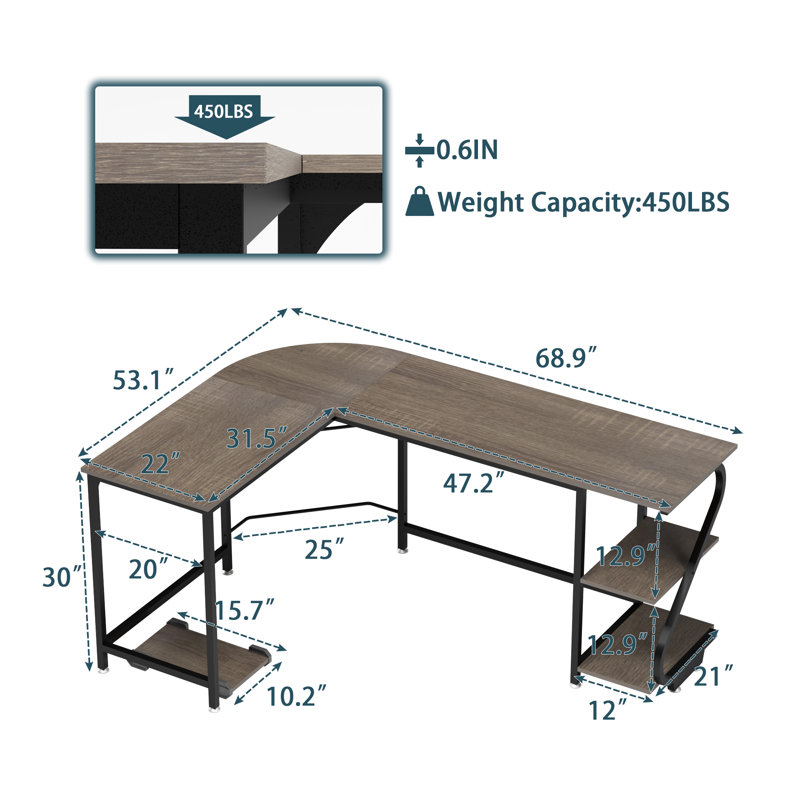 Lantz L-Shaped Metal Base Computer Desk, Black Oak/Black, Left Hand Return