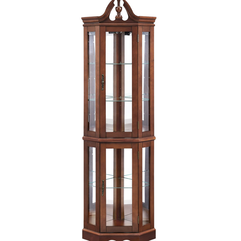 Vitrine en noyer avec lumières, tablettes réglables et tablettes à miroir, lumières intérieures