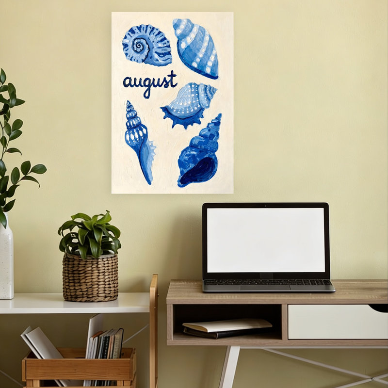 «Blue August Seashells», reproduction d'art mural côtier abstrait, 18" H x 12" W