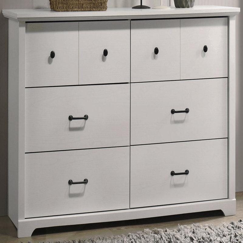 Commode 6 tiroirs, l 57 po avec poignées noires, Blanc