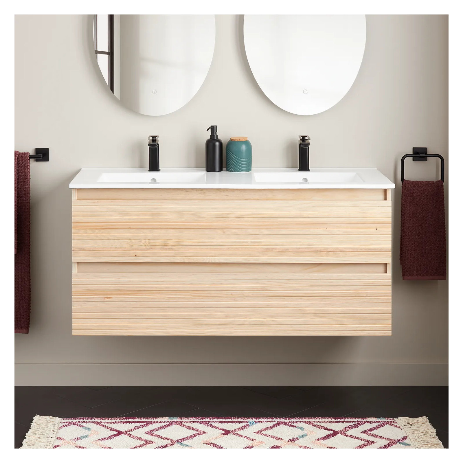 Kiah 48" Wall-Mounted Double Bathroom Vanity, Light Oak