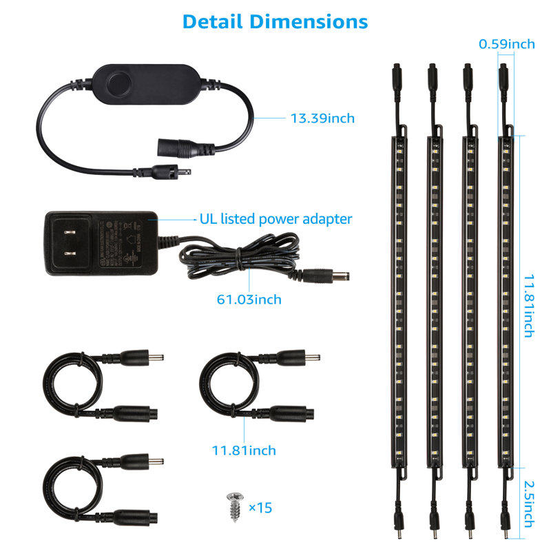 Ensemble d'éclairage intelligent DEL 4 barres de 30 cm (12 pouces) pour coffre-fort, commande vocale, intensité variable et connectable, 900 lm, 100-240 V, compatible avec Alexa et interrupteur à bascule, lumière du jour 5000 K