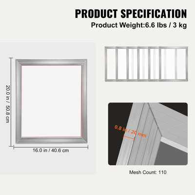 Trousse de sérigraphie, cadres de sérigraphie en aluminium 6 pièces, cadre de sérigraphie 16 x 20 pouces avec maille 110 points, maille en nylon haute tension et ruban d'étanchéité pour l'impression de t-shirts