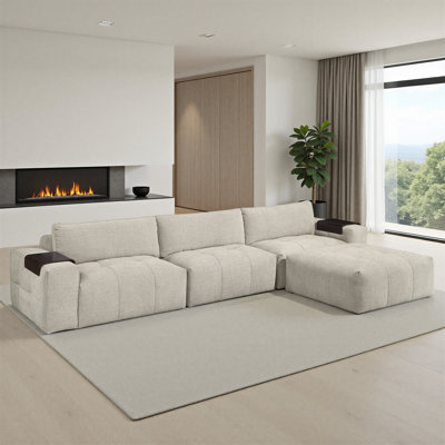 Rousey 154" Modern & Contemporary 4-Piece Modular Sectional with Ottoman, Textured Fabric Upholstery, Tufting Details & Wooden Armrest Trays