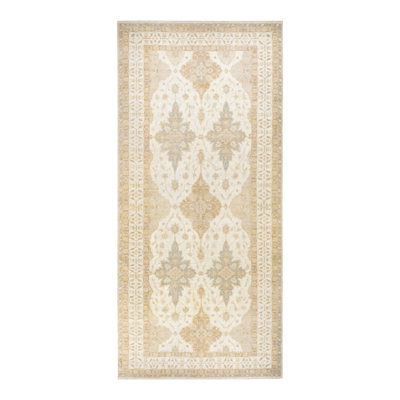 Tapis de couloir ivoire en laine noué à la main de conception unique 5 pi 10 po x 13 pi 4 po New Age