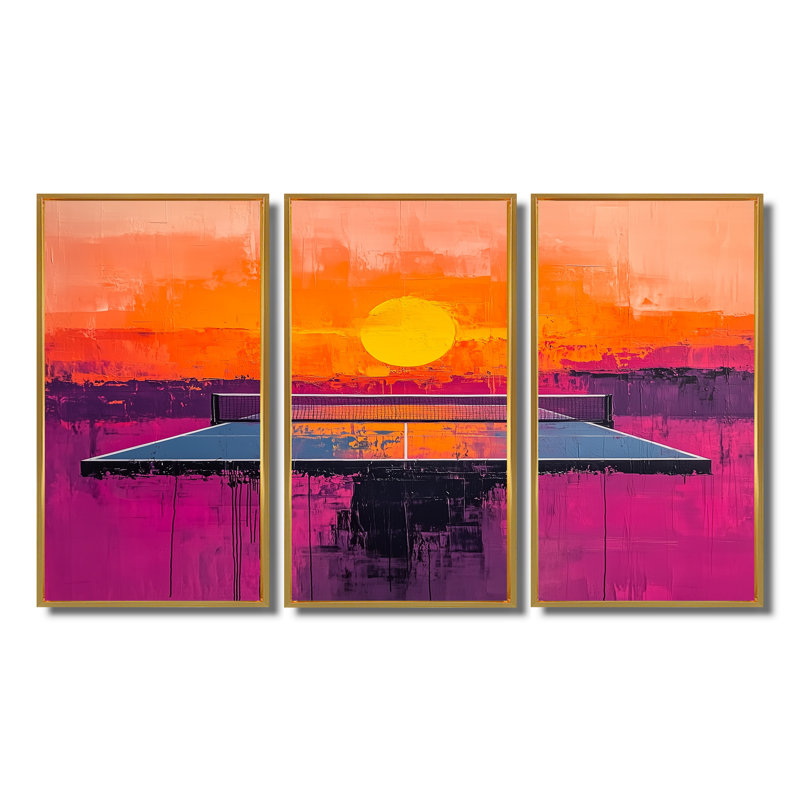 Jeu de ping-pong orange et mauve au coucher du soleil, Toile argentée avec cadre flottant, H 40 po x l 60 po x P 1 po