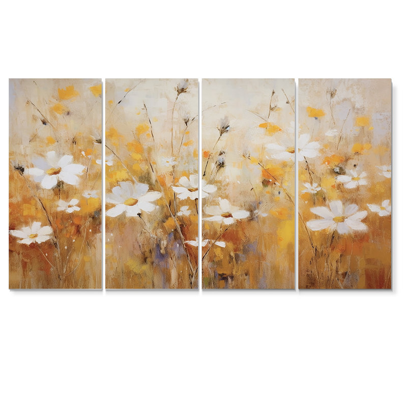 «White Marguerite Flower In Wheatfield I - Wildflowers», ensemble d'art mural 4 pièces, H 28 po x l 48 po