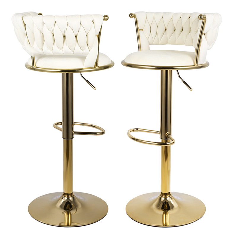 15.75" Velvet Swivel Bar Stool With Gold Frame & Footrest, Adjustable Height Princess Vanity Chair With Backrest, Soft Padded Makeup Chair For Bedroom, Salon, Kitchen Island
