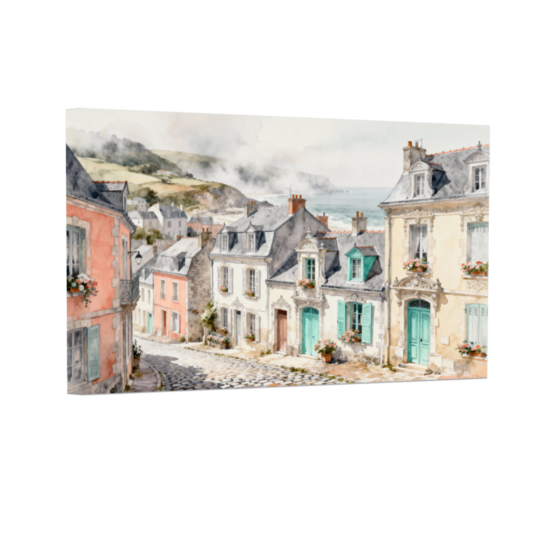 Scène d'aquarelle de village côtier, H 24 po x l 36 po