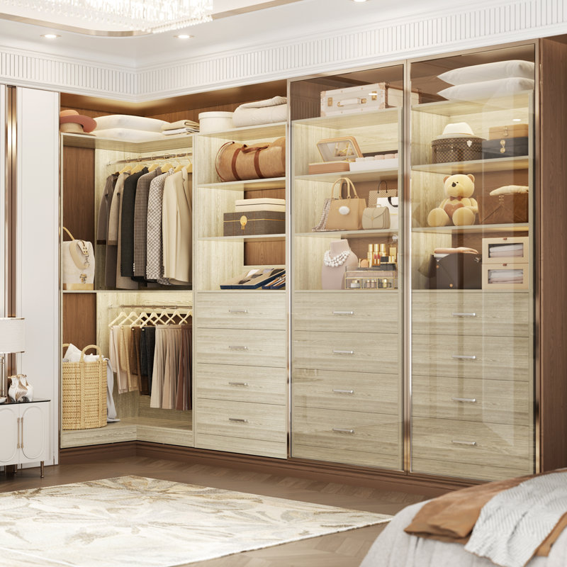 Closet System with Drawers and Hanging Rods, Washed Oak