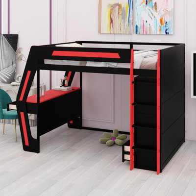 Structure de lit Gamer Loft avec bureau, système d'éclairage intelligent RVB, charge USB, tablettes de rangement et escalier de sécurité