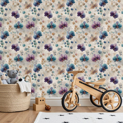 Papier peint adhésif peler et coller en PVC, revêtement mural auto-adhésif amovible avec impression de jardin botanique d'orchidée violet doux, imperméable pour la décoration intérieure - rouleau