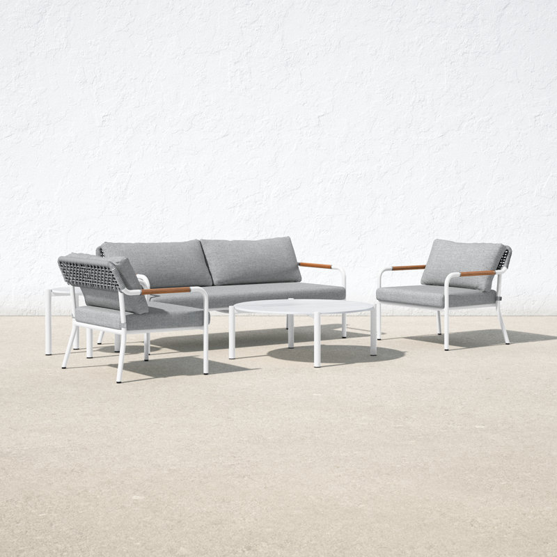 Dean 5-Person Aluminum Patio Conversation Set with Cushions – Outdoor Sofa Seating Set with Teak Arm Accents, Coffee Table & Side Table, Grey