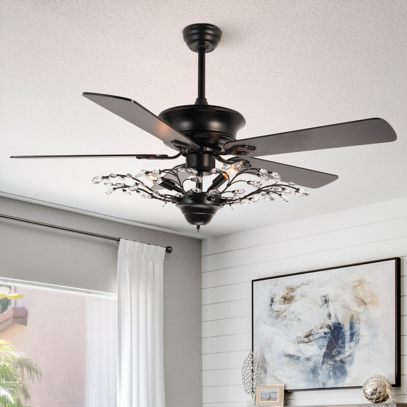 52" Farmhouse Ceiling Fan with Light, 5-Blade Reversible Motor, Crystal Shade, Remote Control, Rustic Black Iron Fan for Living Room, Bedroom