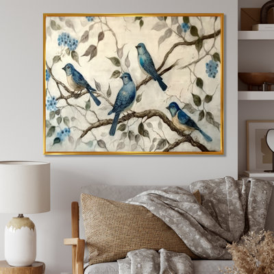 Quatre oiseaux bleus rétro sur une branche III - reproduction sur toile