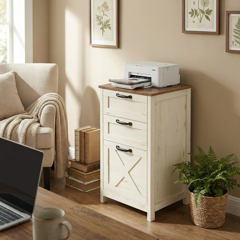 Classeur, armoire de rangement de bureau à 3 tiroirs, rail réglable, support d'imprimante de campagne moderne, blanc et brun
