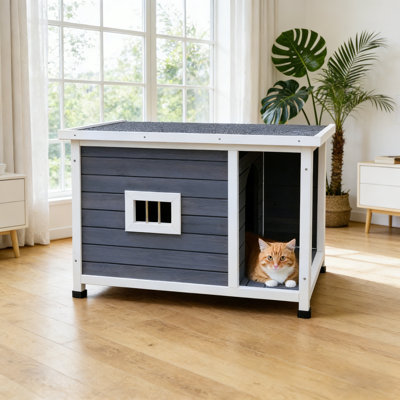 Maison pour chat d'extérieur avec toit imperméable et fenêtres ventilées - Abri pour animaux en bois durable