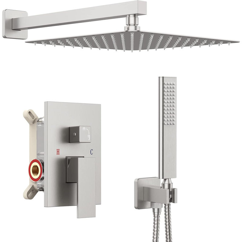 Iriber High Pressure Rainfall Shower System With Handheld Combo - 10 Inch Square Rain Shower Head, Brass Shower Mixer Valve, Concealed Installation, Air Injection Technology, Pressure Balance Valve