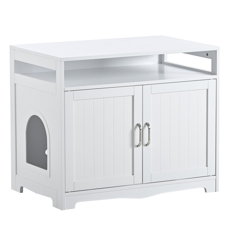 Enceinte de litière pour chat 2 portes en bois avec prise cachée et rangement, Blanc