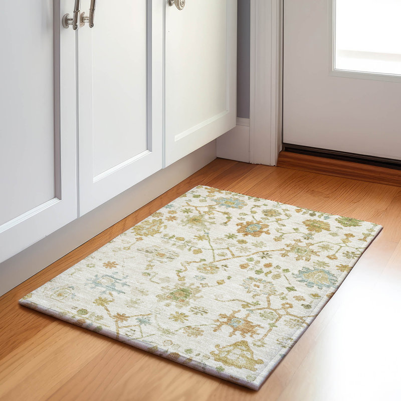 Machine Washable Indoor/Outdoor Xhevrie Ivory Rug, Rectangle 1'8" x 2'6"