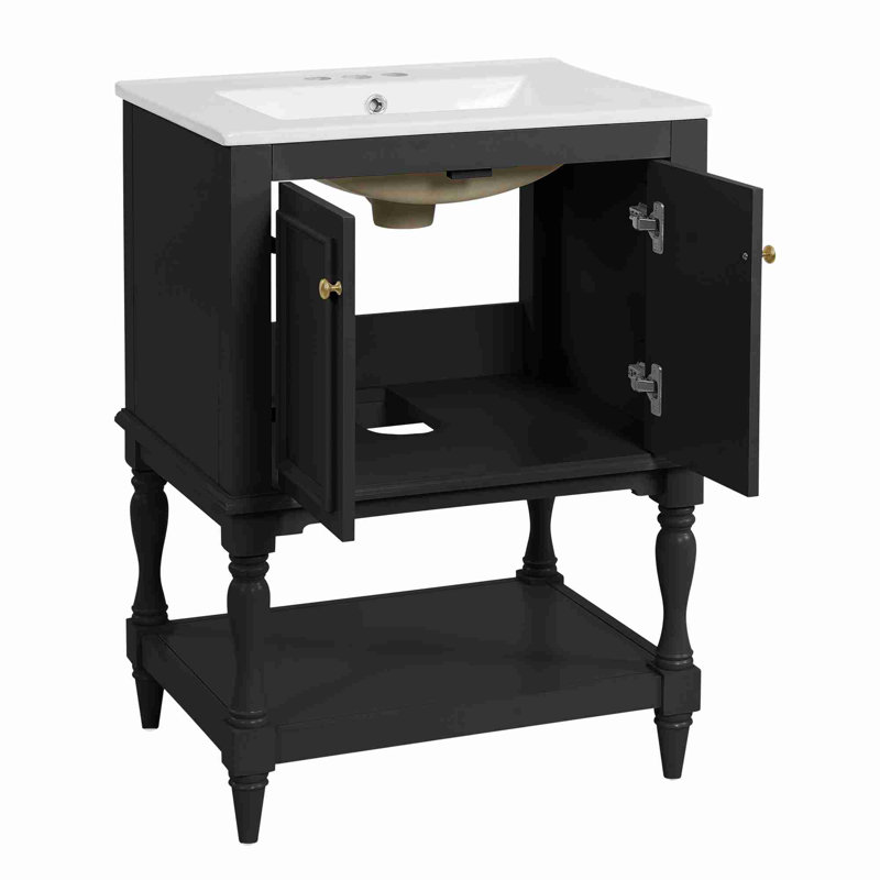 Meuble-lavabo de salle de bain avec rangement, Black, Doré