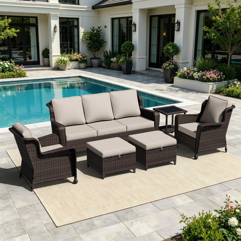 5-Person Patio PE Wicker Furniture Set with Side Table, 3-Seat Sofa, 2 Armchairs and 2 Ottomans with Beige Cushions, Beige