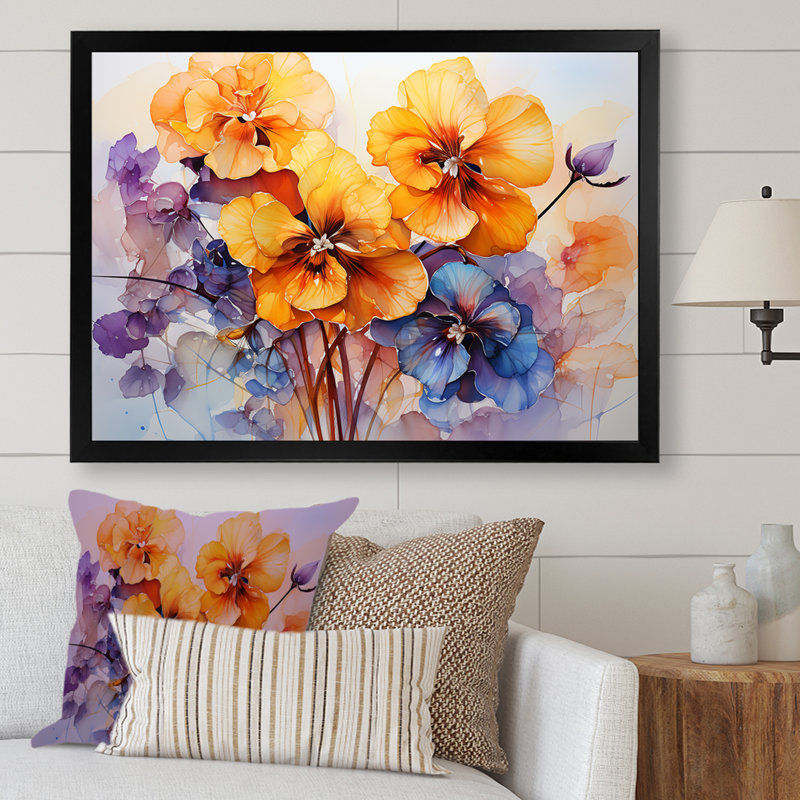 «Pansies Gilded Elegance Bouquet II», reproduction sur toile, Cadre photo noir, H 24 po x l 32 po x P 1 po