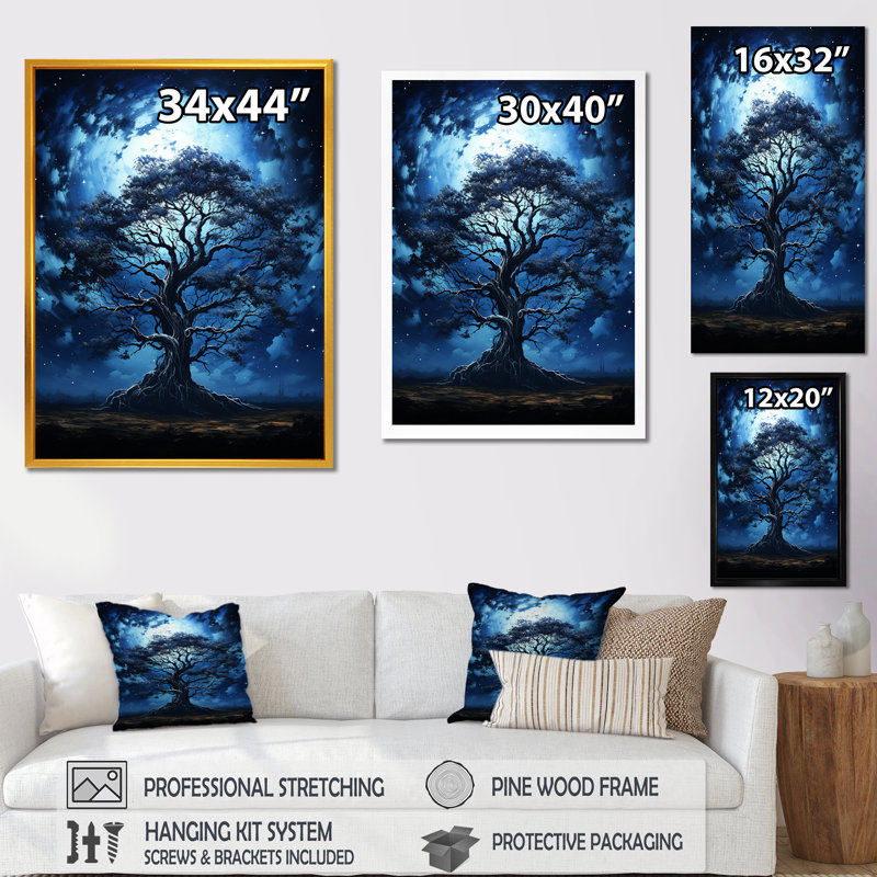 Arbre bleu africain Serengeti 2 - Art mural africain, Toile tendue, H 32 po x l 16 po