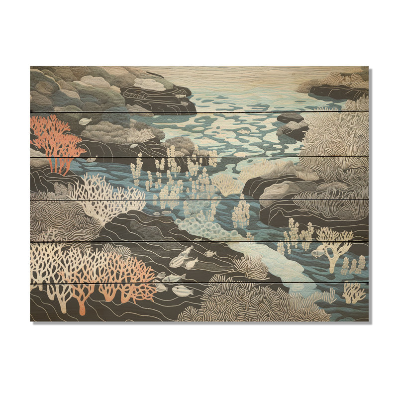 Noir et blanc abstrait rivière de coraux I - corail côtier sous l'eau, art mural sur bois de pin naturel, H 30 po x l 40 po