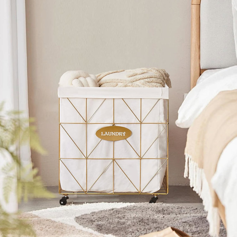Collapsible Rolling Laundry Hamper, Gold, 25.2" H x 22.8" W x 22" D