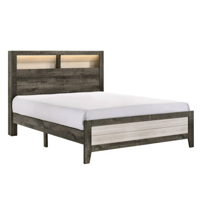1Pc Platform Storage Bed Low-Profile Plank-Style Headboard Built-In Lighting Modern Farmhouse Style