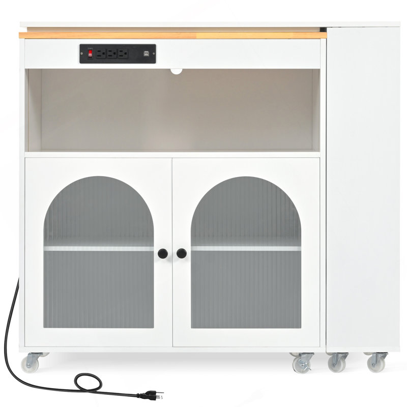 Îlot de cuisine polyvalent avec table allongée et caractéristiques avancées, Blanc / Chêne