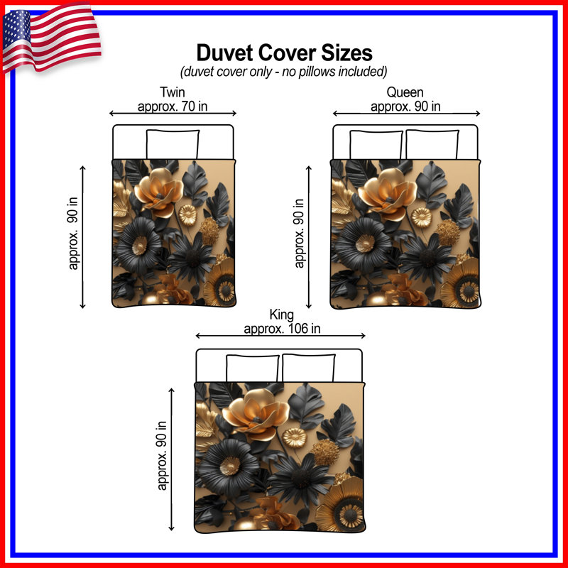 Gold Black Floral Arrangement Duvet Covers, Twin