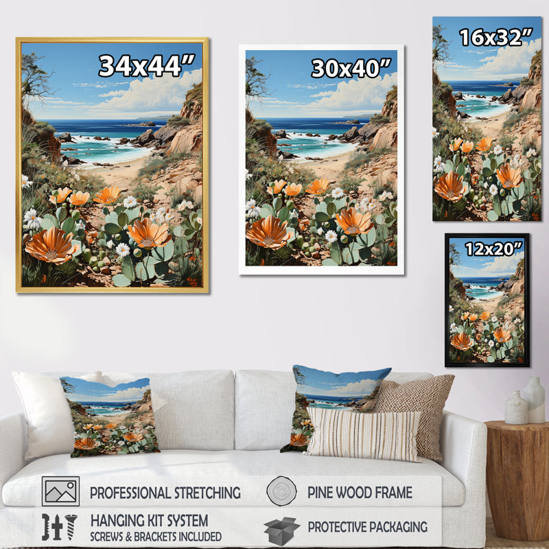 Cactus moderne, charme côtier sur toile, H 44 po x l 34 po x P 1,5 po, Cadre flottant doré