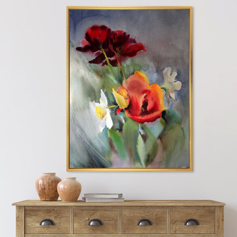 «Blossoming Vibrant Wildflowers», peinture sur toile, Toile encadrée d'or, H 20 po x l 12 po x P 1po