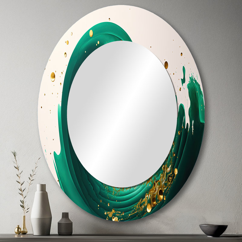 Vert et or Crashing Waves IV - Grand miroir mural ovale sur métal, 43 po x 33 po