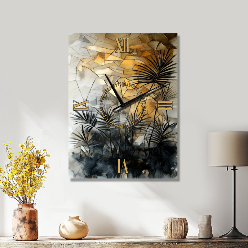 Forêt tropicale luxuriante de palmiers I - Horloge murale en métal de style côtier, H 32 po x l 24 po - Rectangle