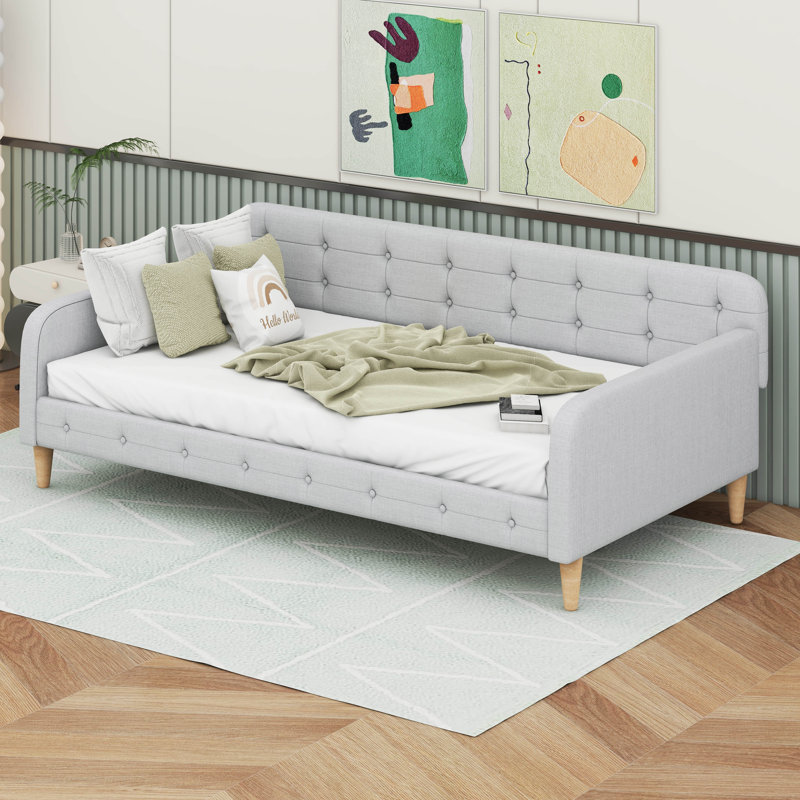 Twin Size Upholstered Daybed With 4 Support Legs, Twin, Beige