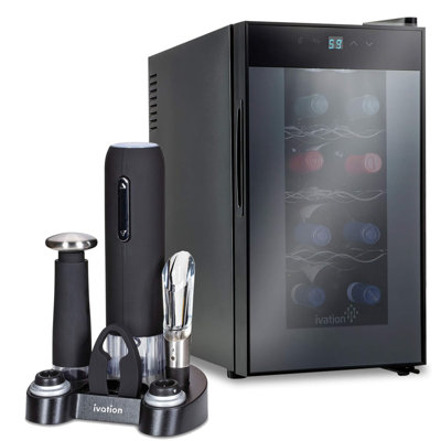 Ivation 9.9" Bottle Single Zone Freestanding Wine Refrigerator with 5-piece wine gift set