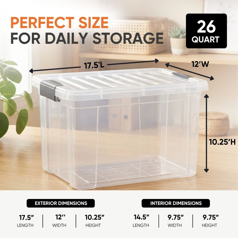 Lot de 2 boîtes de rangement transparentes de 26 litres avec couvercles, empilables et sans BPA, idéales pour la maison, le bureau, les résidences étudiantes et les salles de classe.
