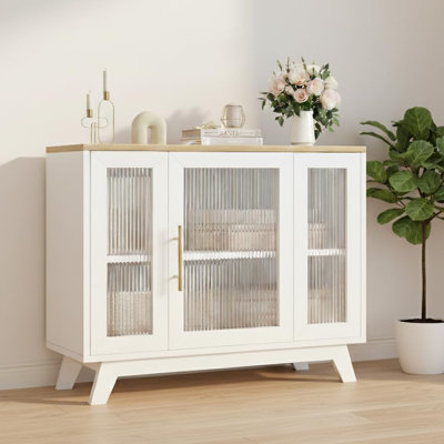 36" Modern Sideboard Cabinet with Fluted Glass Doors, Buffet Storage with 2 Shelves, White and Natural Accent Cabinet for Kitchen, Dining Room, Living Room