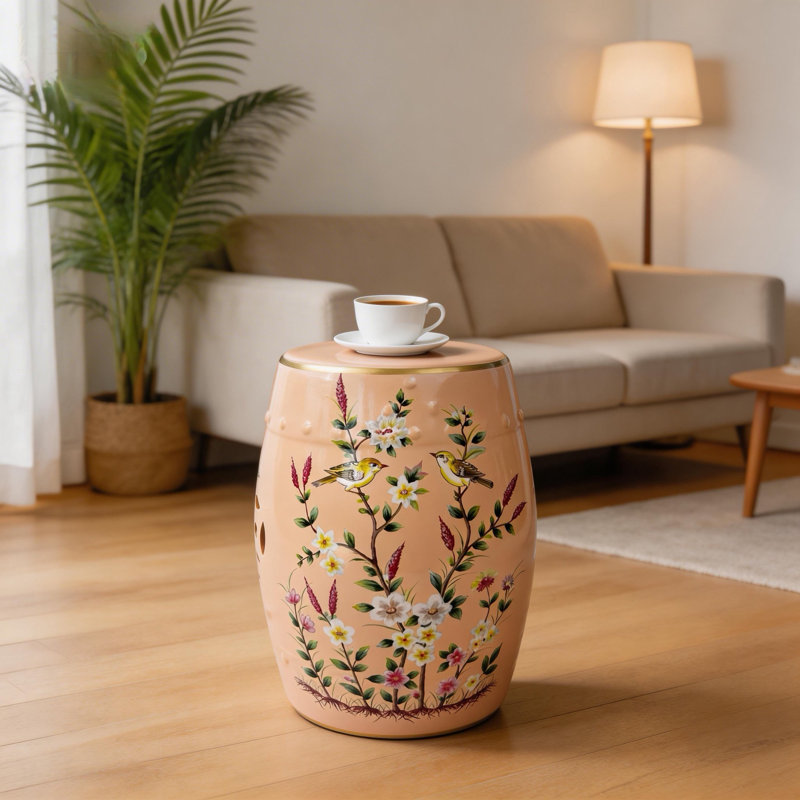 Tabouret en céramique fleur et oiseau