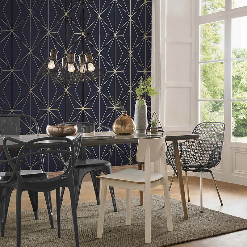 Geometric Metallic Wallpaper Double Roll, Navy Blue