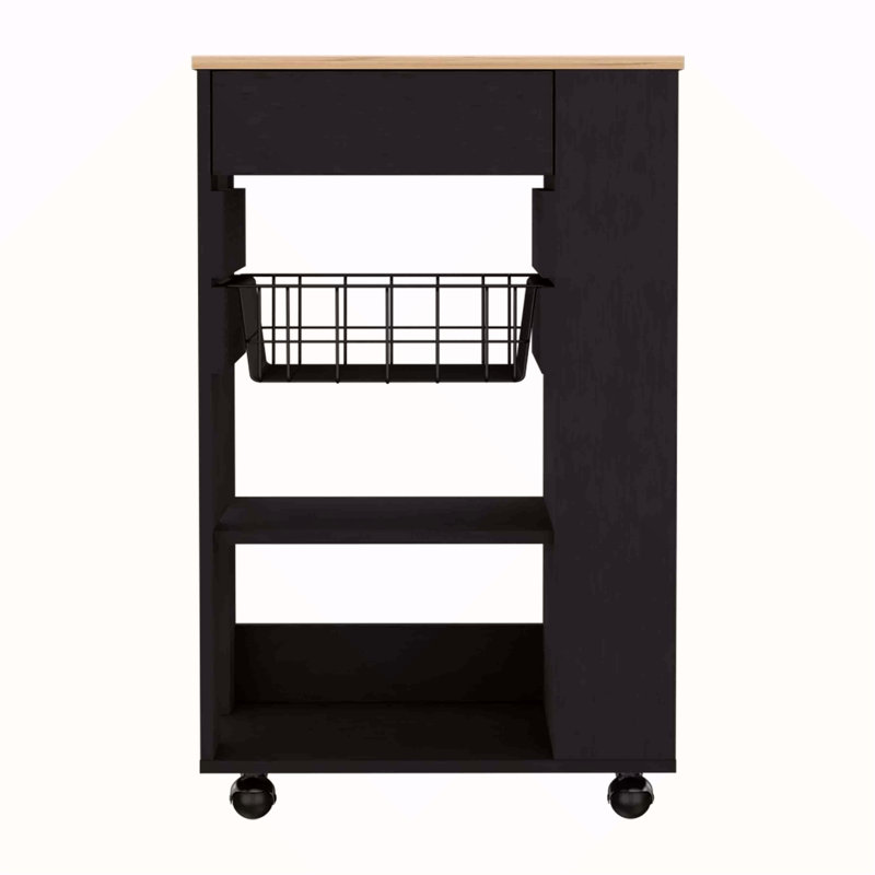 Kitchen Cart,  One Drawer, Two Open Shelves, Four Casters, Black