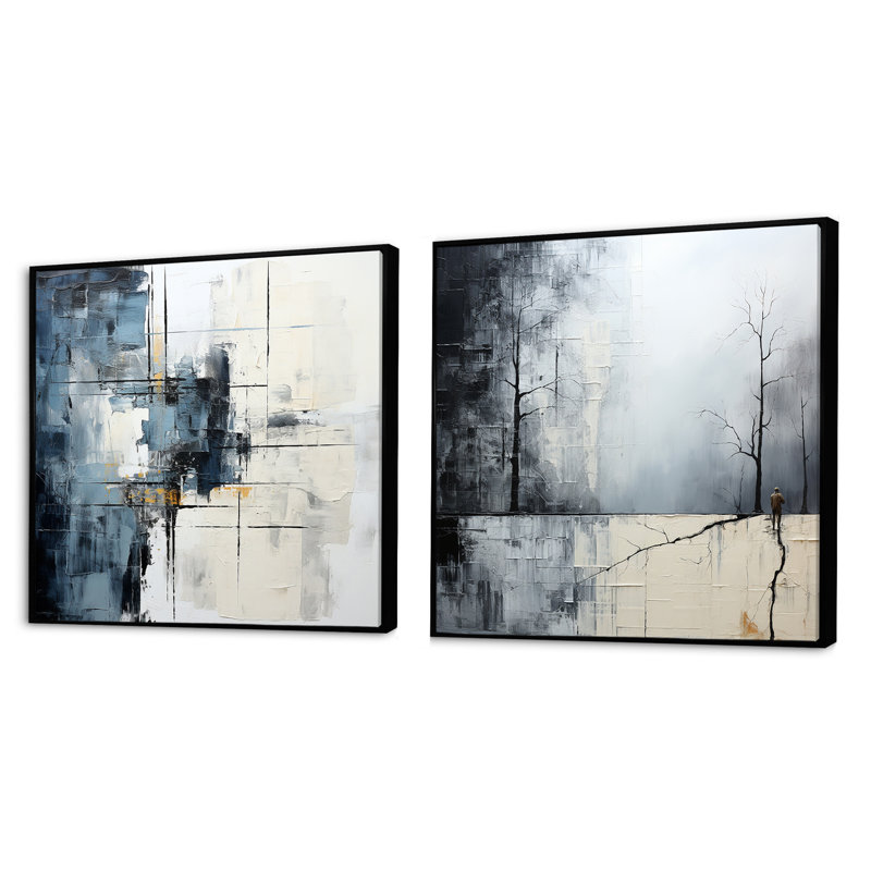 «Winter Abstract Landscape», 2 pièces, Cadre flottant noir, H 16 po x l 33 po
