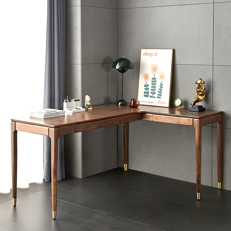 Bureau de style nordique en L en noyer, H 29,53 po x l 62,99 po x P 47,24 po