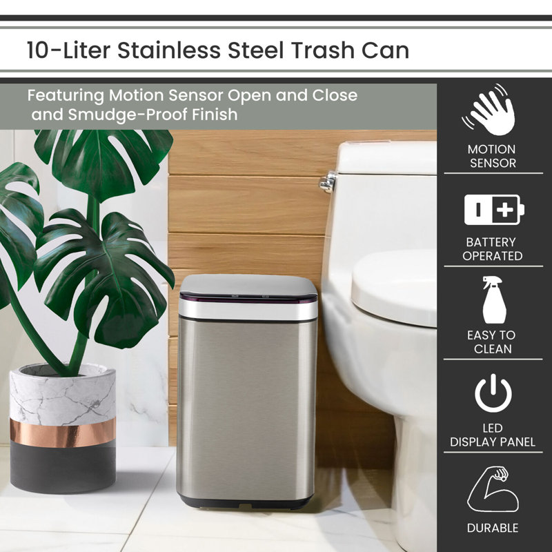 Hanover 10-Liter Stainless Steel Touchless Trash Can with Sensor Lid