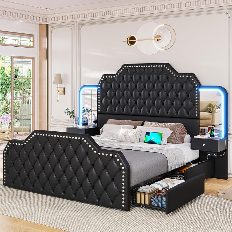  Karlton Platform Bed with Fabric Upholstered Headboard 4 Storage Drawers LED Tall Platform Bed Frame, Queen, Black
